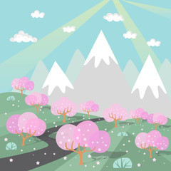 Mountain landscape with cherry blossom.