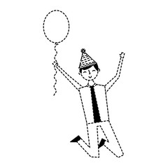 Fototapeta premium jumping young man party hat and balloon celebration vector illustration dotted line
