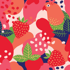Strawberry and parrot on abstract background. Vector seamless pattern