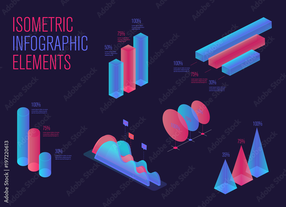 Poster set of colorful infographic vector elements, presentation graphics, statistics of data and diagrams.
