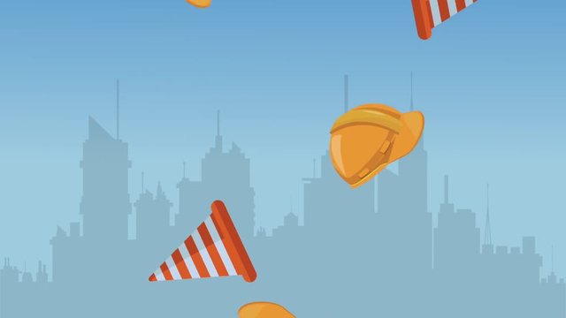 Traffic cones and worker helmets raining city background High definition colorful scenes