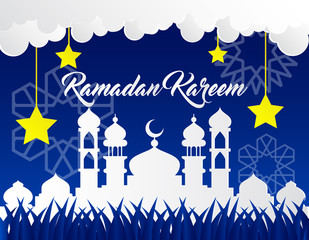 beautiful ramadan kareem background with paper art style on blue background