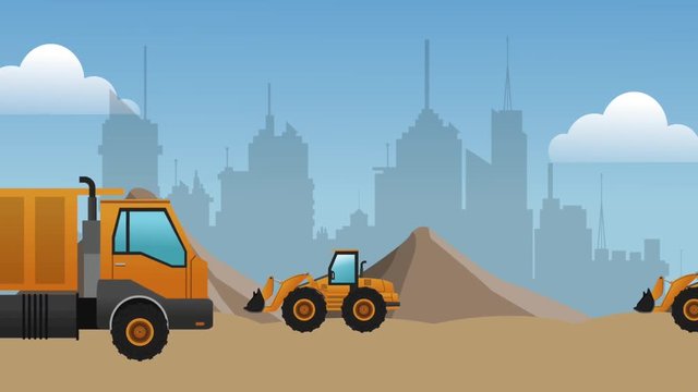 Differents construction vehicles passing by construction zone High definition colorful scenes