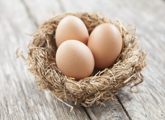 œufs frais dans un nid de pâques