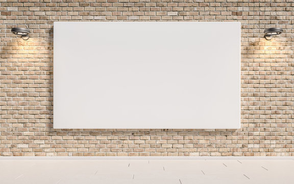 Brick wall with blank poster for text and wall lamps. 3d illustration