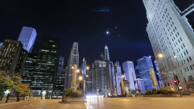 Night timelapse of towers and skyscrapers in Chicago