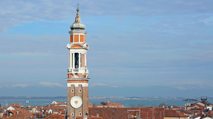 high bell tower of Church of the Holy Apostles of Christ in Venice Italy