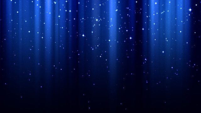 Blue abstract background with rays of light, sparkles, northern lights, night starry sky