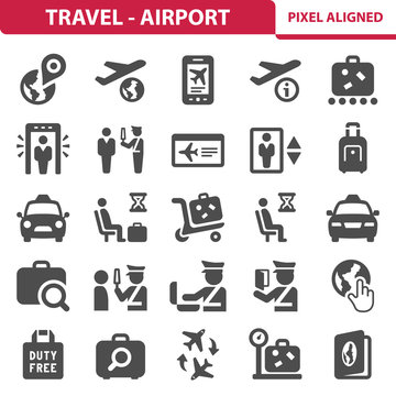 Travel & Airport Icons. Professional, pixel perfect icons depicting various travel and airport concepts. EPS 8 format.
