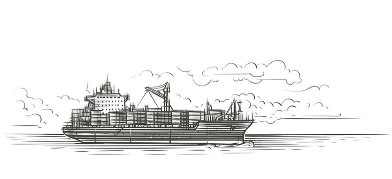 Tanker in sea illustration. Vector. 