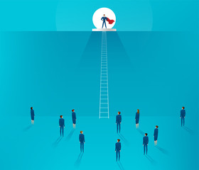 Leadership concept. Businessman standing on a hill, the team is at the bottom