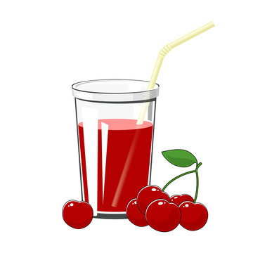 Glass of Fresh Fruity Berry Juice of Cherry and a Straw Isolated on White Background , Summer Refreshing Drink, Vector Illustration