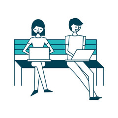 young woman and man sitting on the bench with their laptop vector illustration green design