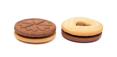 Chocolate heart in round biscuit isolated on white background