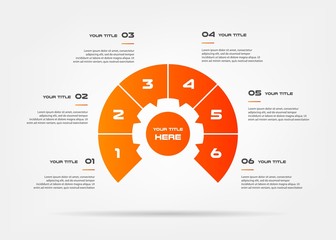 Chart of percentage infographics. Element of graph, diagram with 6 options - parts, processes, timeline. Vector business template for presentation, workflow layout, annual report.