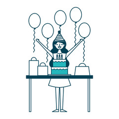 happy woman celebrating birthday cake gift balloons vector illustration green design