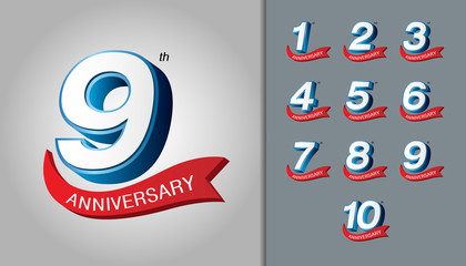 Set of anniversary logotype. Modern anniversary celebration emblem with red ribbon. Design for booklet, leaflet, magazine, brochure poster, web, invitation or greeting card.