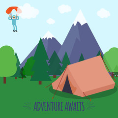 Vector illustration with mountains, tent in forest and paraplanerist in sky. Adventure Awaits Text. Mountains landscape. Outdoor activity, camping. 