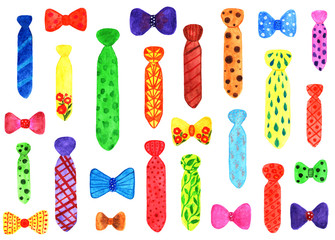 Pattern with colored ties, bow tie. Watercolor illustration.
Funny pattern with yellow, orange, red, blue, purple neckties and bow ties.