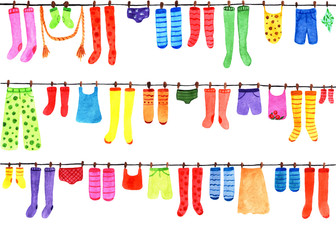 Pattern with colored socks, stockings, T-shirts, pants, swimsuit. Watercolor illustration.
Funny pattern for wrapping paper, print for pajamas, panties, sock, napkins.
