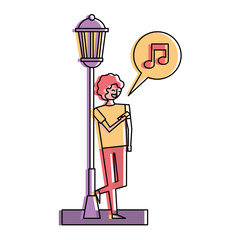 young man with mobile music speech bubble standing near lamp post vector illustration