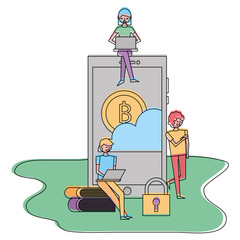 young people with laptop smartphone bitcoin cloud security technology vector illustration