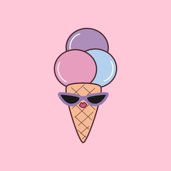 cute cartoon ice cream with sunglasses vector illustration