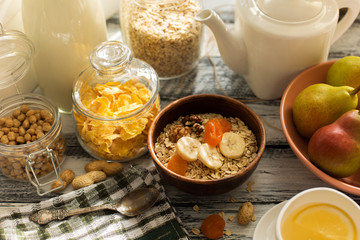 Composition of a healthy breakfast A delicious diet. Morning porridge. Useful food