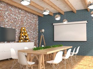 A meeting room with an empty white screen for the projector on the wall. The interior of the conference hall in loft style. 3D visualization.