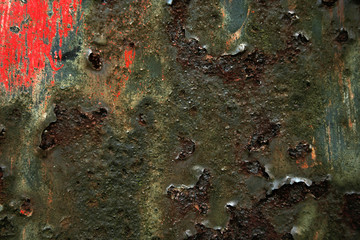 Strong structure and intense color on rusty metal, abstract background.