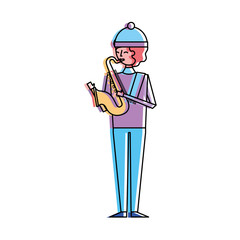 musician young man playing saxophone in warm clothes vector illustration