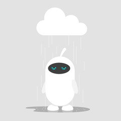 Cute white robot weeping in the rain / flat editable vector illustration, clip art