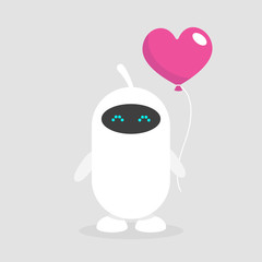 Feelings of robots. Cute white cyborg holding a heart shaped baloon. Romantic relationships. Flat editable vector illustration, clip art