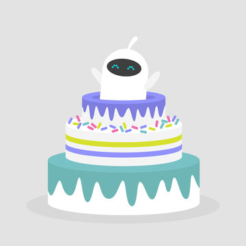 Celebration. Cute white robot jumping out of the cake / flat editable vector illustration, clip art
