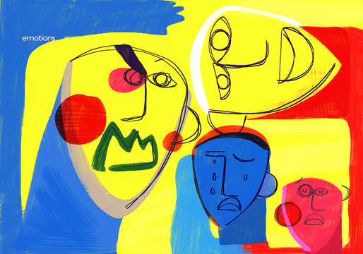 Social Emotions. Expressive Human Faces Show Emotions In A Colorful And Abstract Way. Conceptual Illustration About Emotional Health. Psychology.