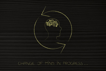Obraz premium change of mind man with gearwheel thought mechanism with arrows spinning