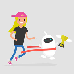 Competition between humans and robots. Artificial intelligence. Technology. Concept. Flat editable vector illustration, clip art