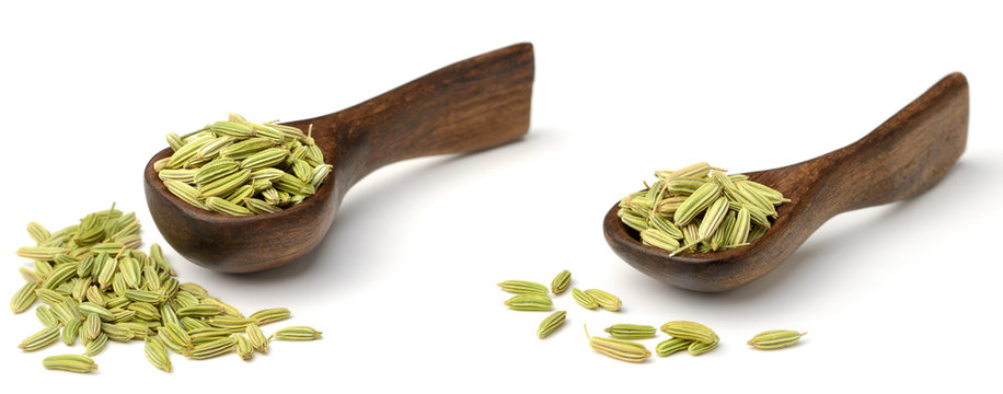 dried fennel seeds in the wooden spoon, isolated on white
