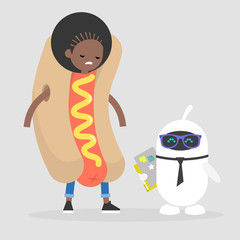 Underpaid and overpaid. Inequality between human labor and artificial intelligence. Disparity. Different levels of income. Flat editable vector illustration, clip art