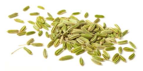 close up of dried fennel seeds isolated on white - obrazy, fototapety, plakaty