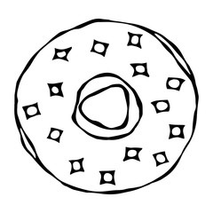 Fototapeta premium Sweet Donut with Sugar Glaze and Stars Confetti Topping. Pastry Shop, Confectionery Design. Round Doughnut with Holes. Best Dessert. Realistic Hand Drawn Illustration. Savoyar Doodle Style.