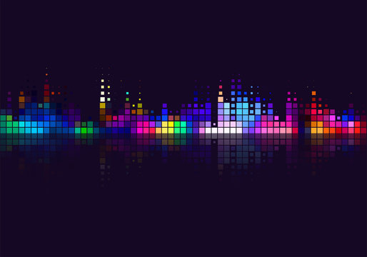Vector colorful halftone dots background. Flat, decorative design of cityscape view at night.
