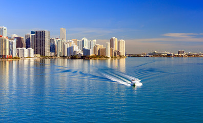 Brickell Skyline, Miami on a Blue Shiny Day - obrazy, fototapety, plakaty