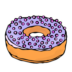 Sweet Donut with Violet or Lilac Sugar Glaze and Pink Round Confetti Topping. Pastry Shop, Confectionery Design. Round Doughnut Dessert. Realistic Hand Drawn Illustration. Savoyar Doodle Style.