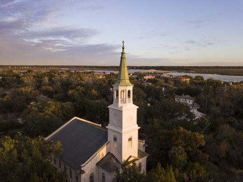 Low aerial view of church steeple in coastal South Carolina, USA.