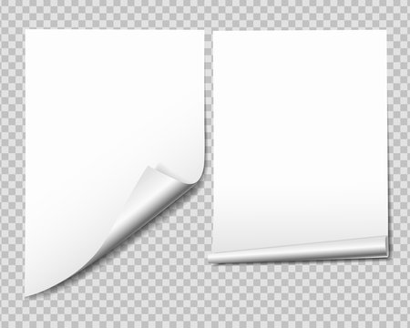 Set of white sheet of paper with bent corner, isolated on transparent background