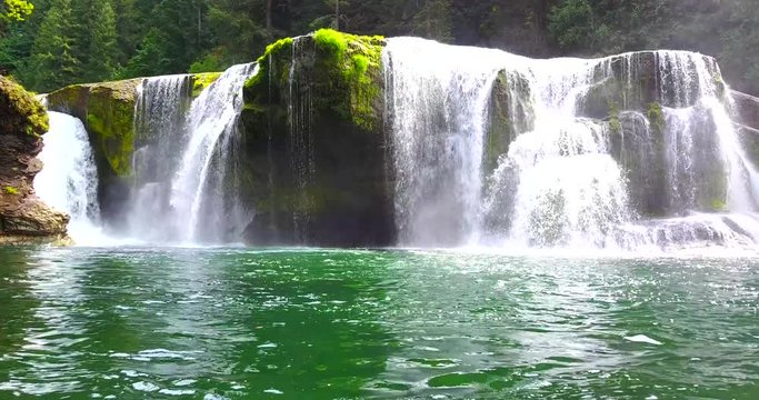 Beautiful Cascading Falls Over Mossy Rocks Into Shallow Pool With Mist - Lewis River Falls, Washington, USA - Low Approaching View