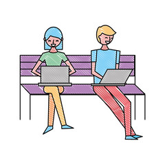 young woman and man sitting on the bench with their laptop vector illustration drawing color