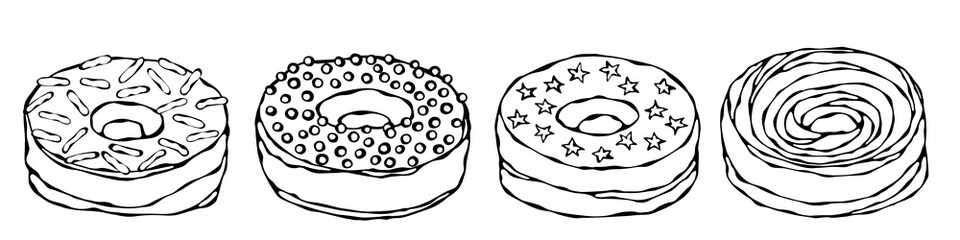 Set of Sweet Donuts with Sugar Glaze and Stars Confetti Topping. Pastry Shop, Confectionery Design. Round Doughnut Dessert. Realistic Hand Drawn Illustration. Savoyar Doodle Style.