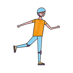 happy young man riding in roller skate sport vector illustration drawing color